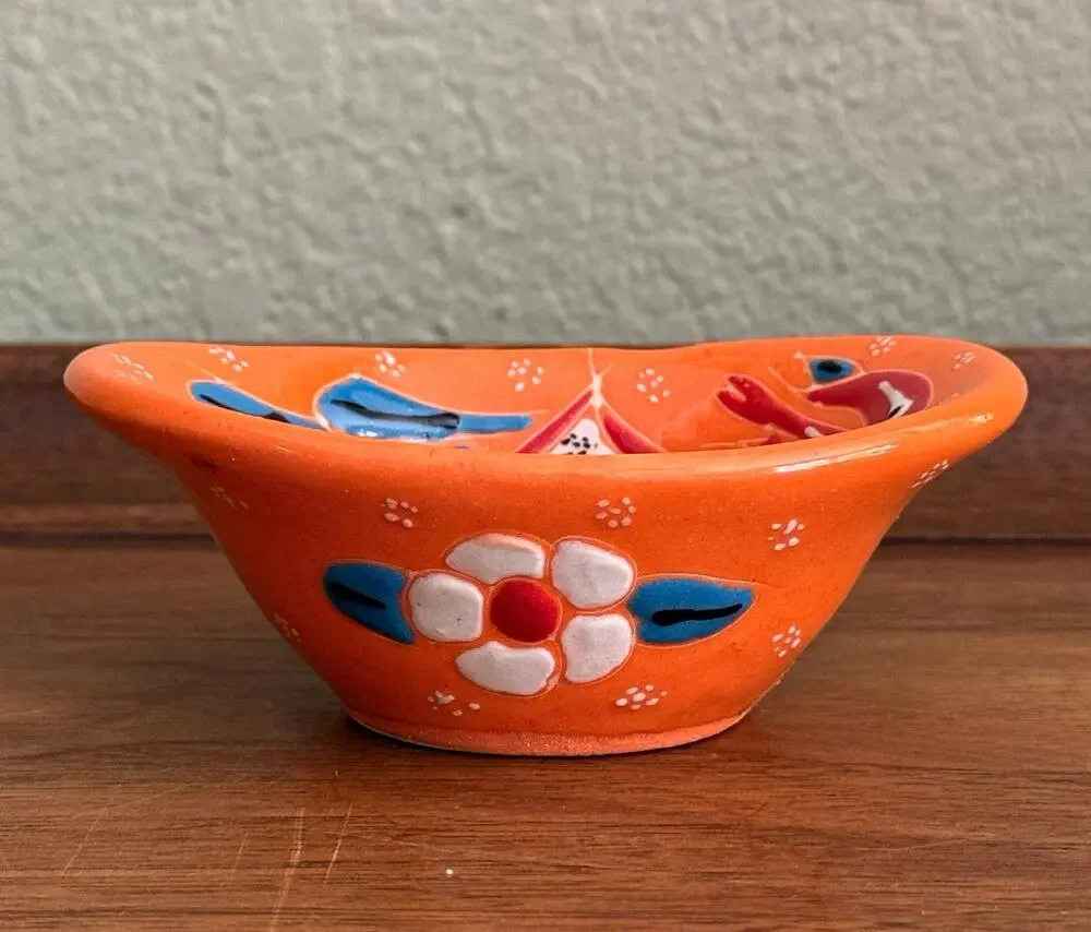 Hand Painted Orange Multicolor Floral Oval Ceramic Bowl, 2 in Tall